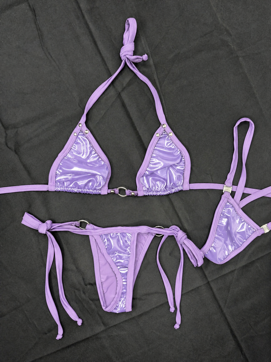Shiny Lavender Vinyl/Lilac Spandex Bikini Top/Side-Tie Bikini Lingerie Outfit