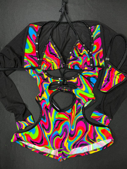 Cosmic Multi Color One-Piece Romper & Bikini Top Lingerie Outfit