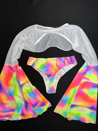 Rainbow Spandex/Baby Blue Mesh Three Piece Shorts/Fringe Chaps/Fringe Top Lingerie Outfit
