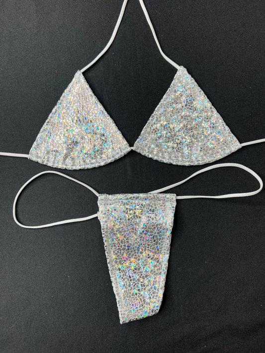 Metallic White Two-Piece Micro Bikini Lingerie Outfit