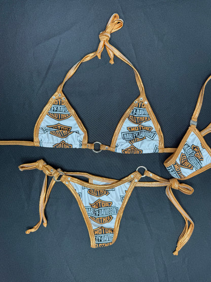 Harley Print/Copper Spandex Two-Piece Side-Tie Bikini Lingerie Outfit
