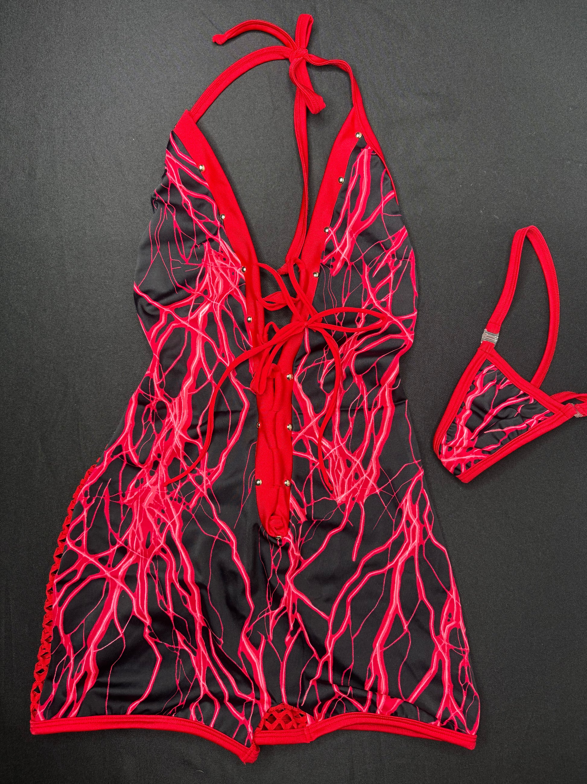 Red Thunder Print Spandex/Red Fishnet One-Piece Lingerie Outfit ...