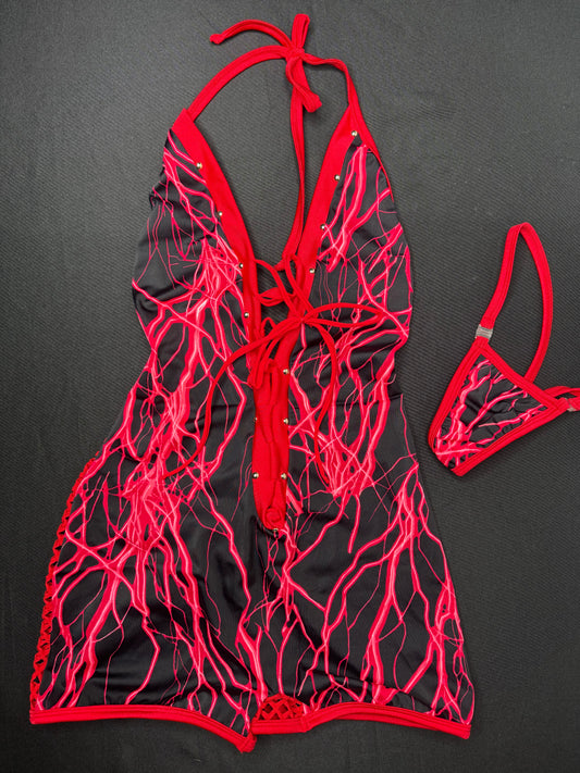 Red Thunder Print Spandex/Red Fishnet One-Piece Lingerie Outfit