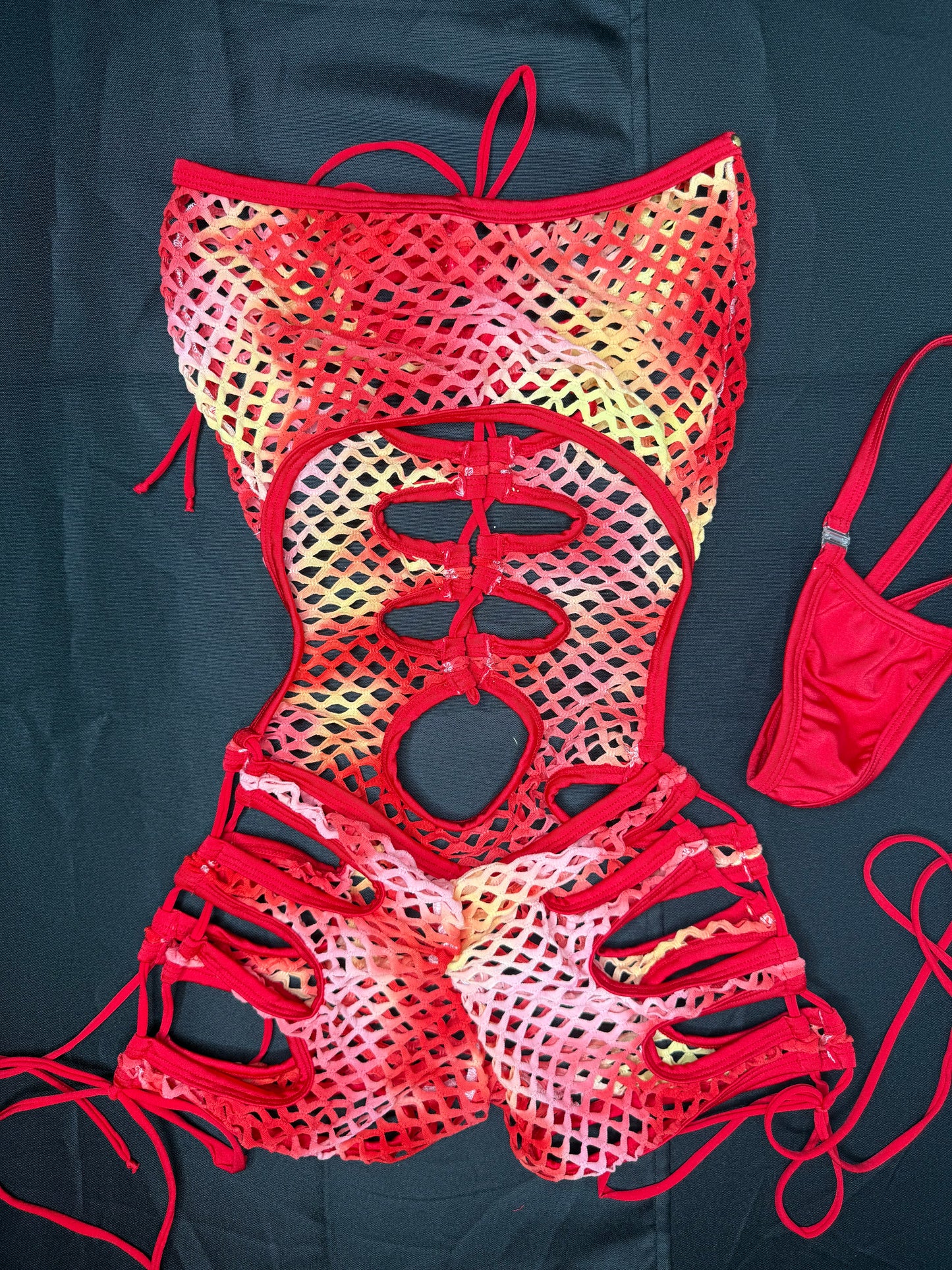 Red Ombré Fishnet One-Piece Lingerie Outfit