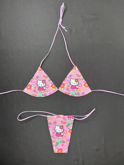 Lavender/Pink Kitty Two-Piece Micro Bikini Lingerie Outfit