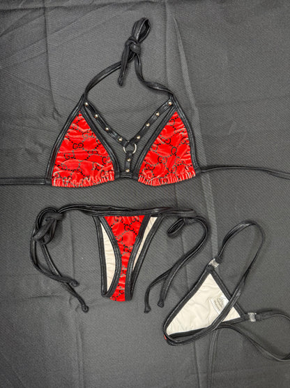 Red VELVET Designer Two-Piece Bikini Lingerie Outfit