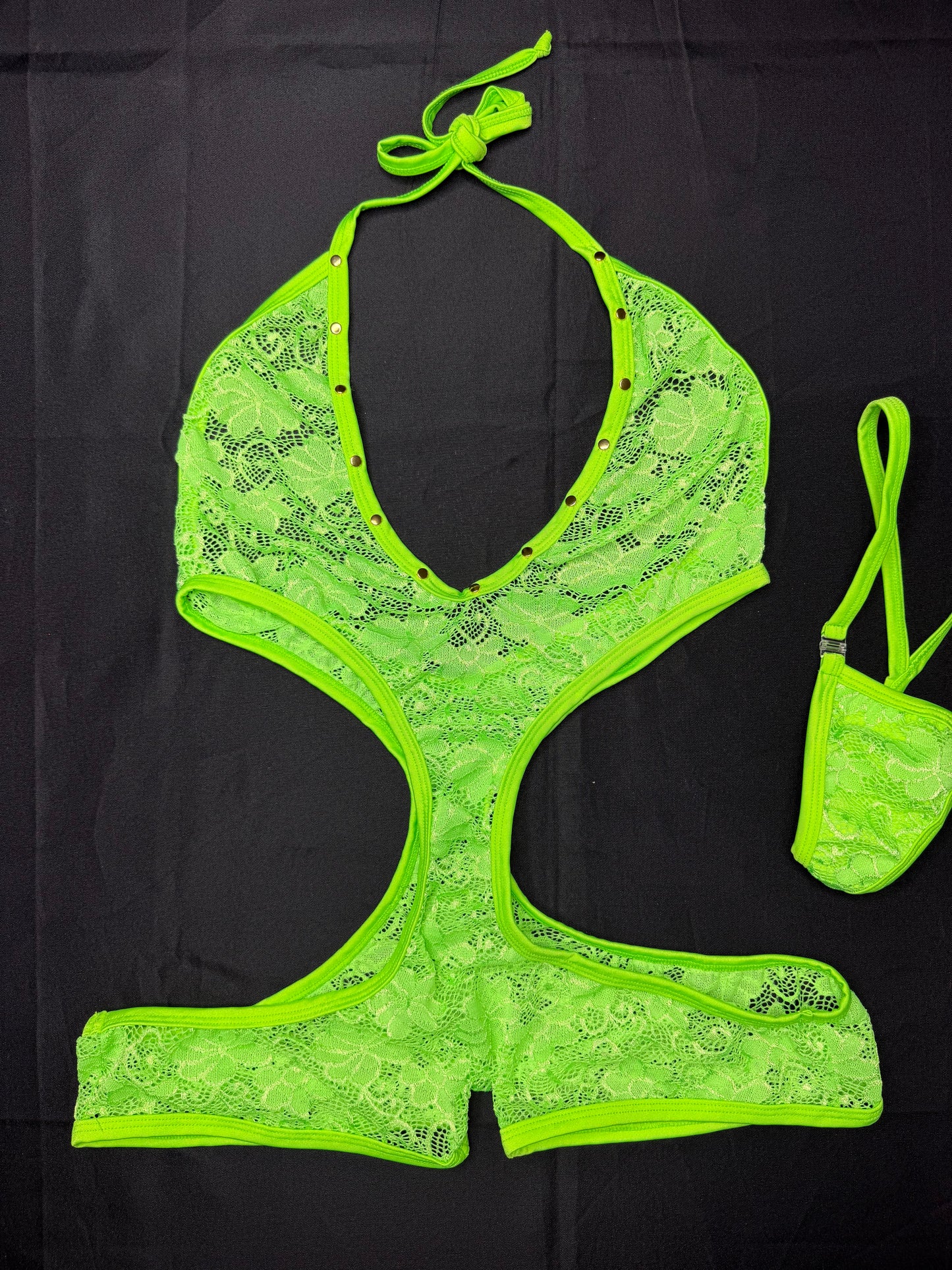 Neon Green Lace One-Piece Lingerie Outfit