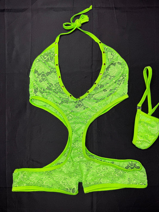 Neon Green Lace One-Piece Lingerie Outfit