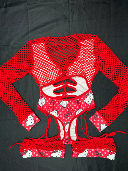 Red Kitty Print/Red Spandex Romper Lingerie Outfit