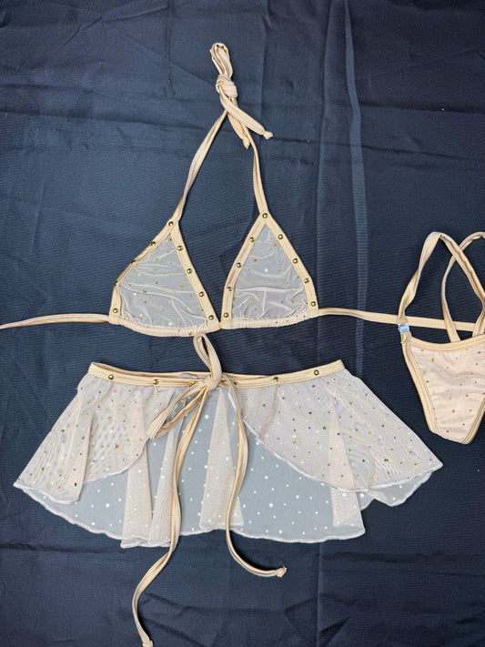 Gold Mesh Bikini Top/Skirt Two-Piece Lingerie Outfit