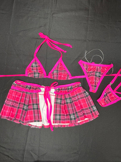 Hot Pink Plaid Spandex Bikini Top/Skirt/Silicone String Bottoms School Girl Outfit