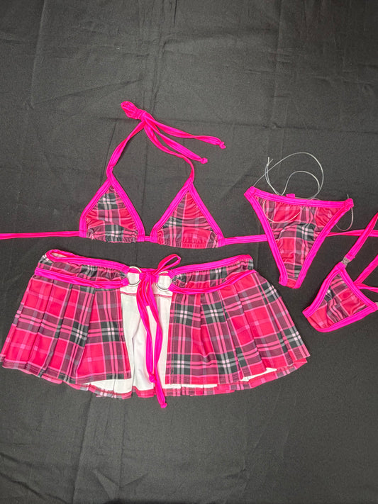 Hot Pink Plaid Spandex Bikini Top/Skirt/Silicone String Bottoms School Girl Outfit