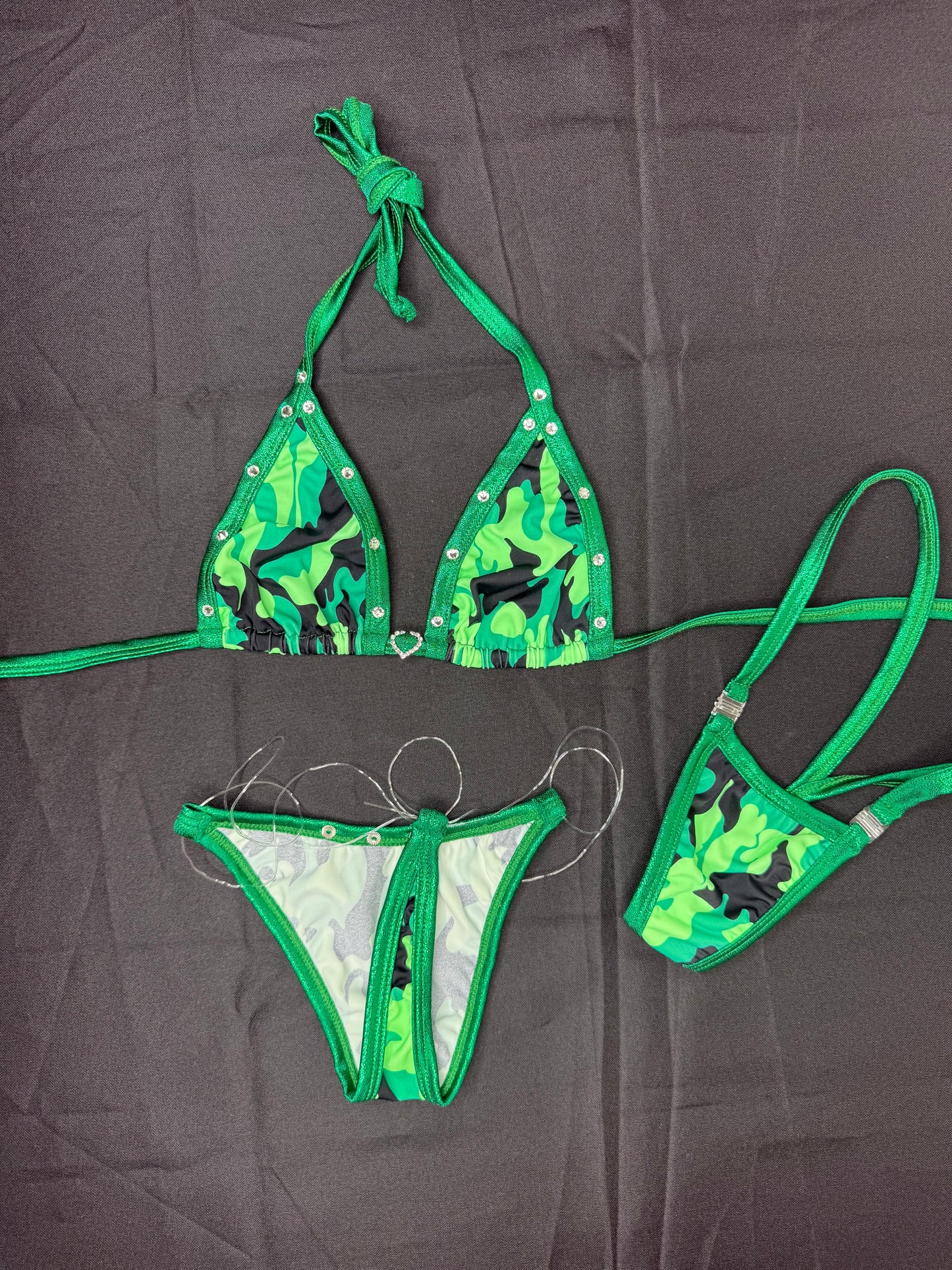 Green Camouflage Bikini Top/Silicone String Bottoms Two-Piece Lingerie Outfit