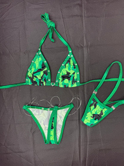 Green Camouflage Bikini Top/Silicone String Bottoms Two-Piece Lingerie Outfit