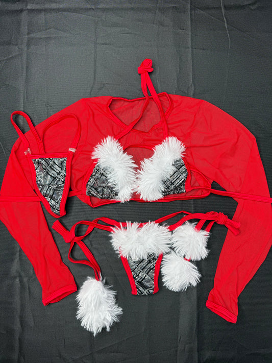 Red Mesh/White Fur & Silver Spandex Three-Piece Christmas Lingerie Outfit