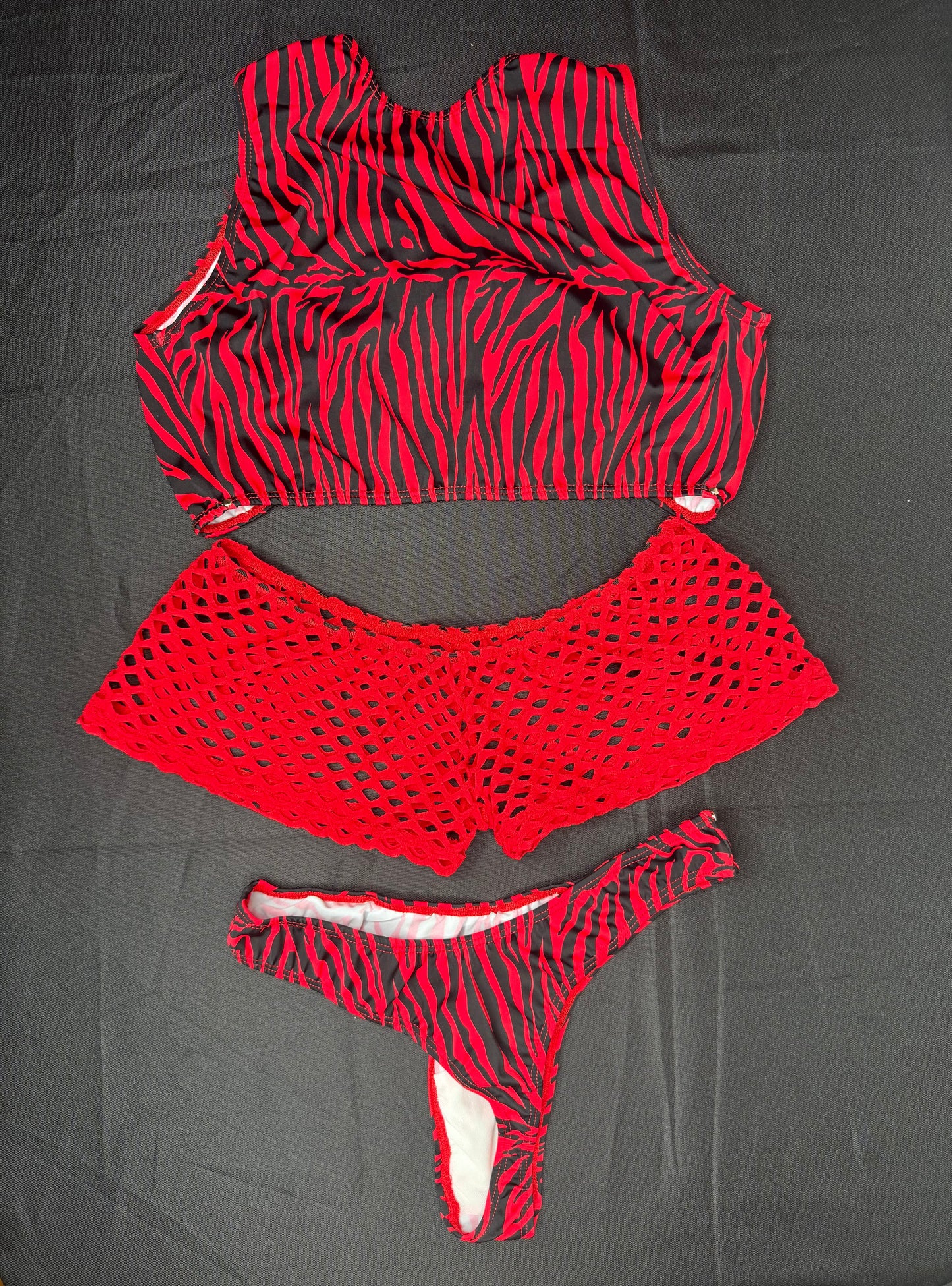 Red Tiger Animal Print Cross Top/Fishnet Short & Cheeky Thong Three-Piece Lingerie Outfit