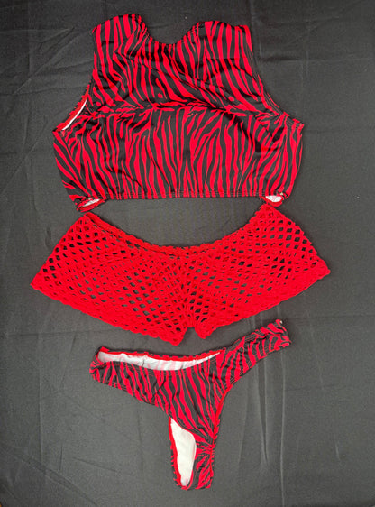 Red Tiger Animal Print Cross Top/Fishnet Short & Cheeky Thong Three-Piece Lingerie Outfit