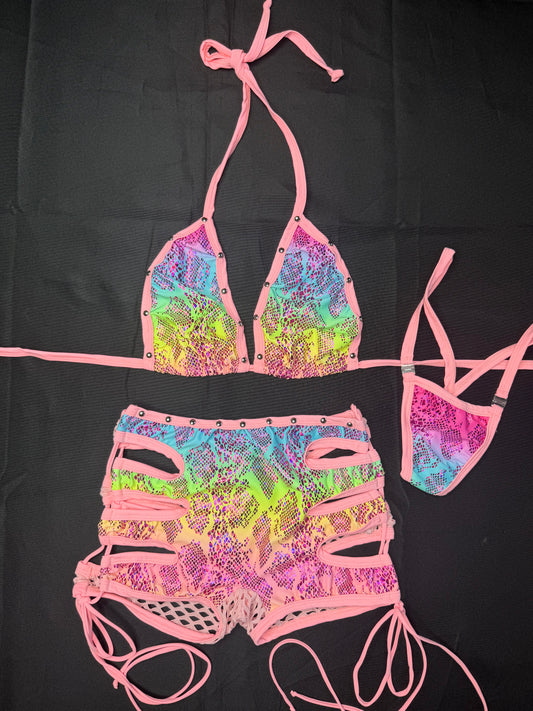 Rainbow Animal Print/Baby Pink Spandex Two-Piece Shorts Lingerie Outfit