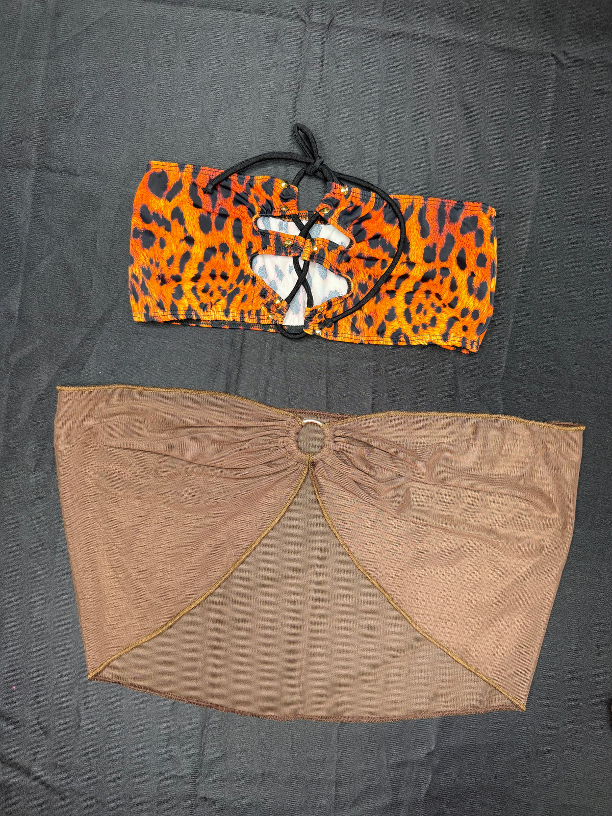 Tiger Print/Mocha Brown Mesh Tube Top/Skirt Lingerie Outfit