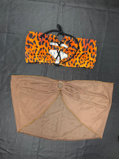 Tiger Print/Mocha Brown Mesh Tube Top/Skirt Lingerie Outfit