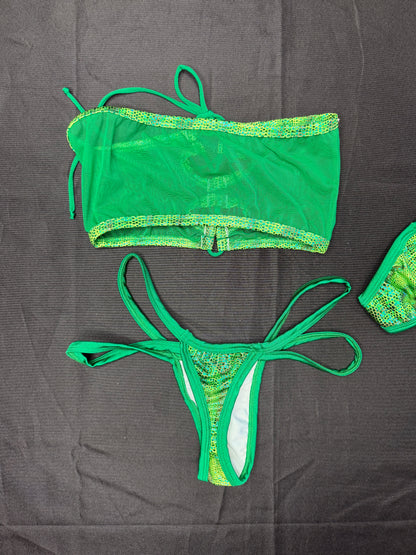 Green Mesh/Green Animal Print Spandex Two-Piece Tube Top Bikini Lingerie Outfit