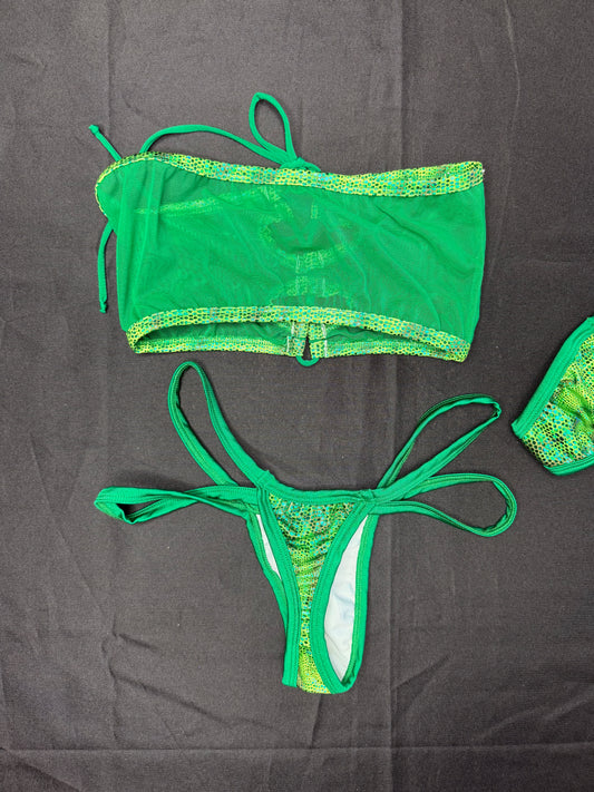 Green Mesh/Green Animal Print Spandex Two-Piece Tube Top Bikini Lingerie Outfit
