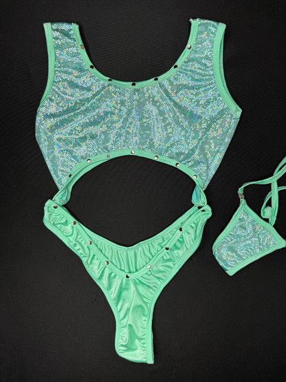 Metallic Mint/Mint Spandex One-Piece Lingerie Outfit