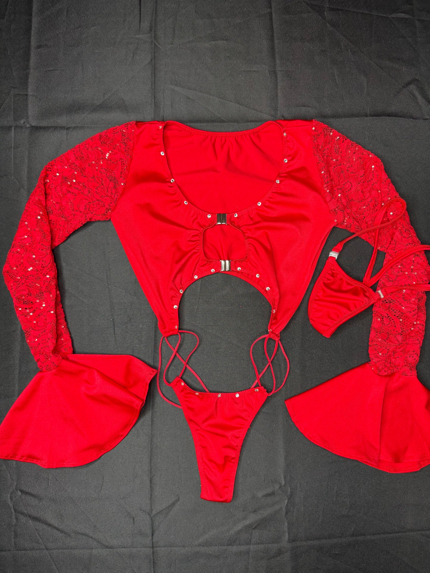 Red Spandex/Lace One-Piece Sling-Shot Long Sleeve Fringe Cuff One-Piece Lingerie Outfit