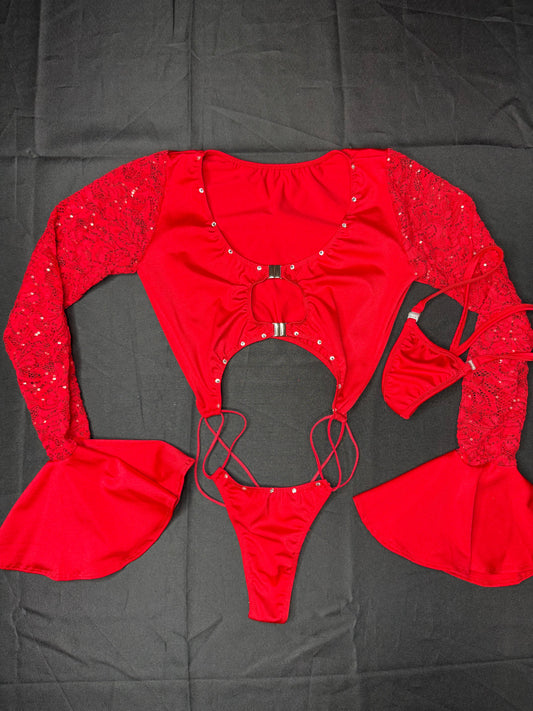 Red Spandex/Lace One-Piece Sling-Shot Long Sleeve Fringe Cuff One-Piece Lingerie Outfit