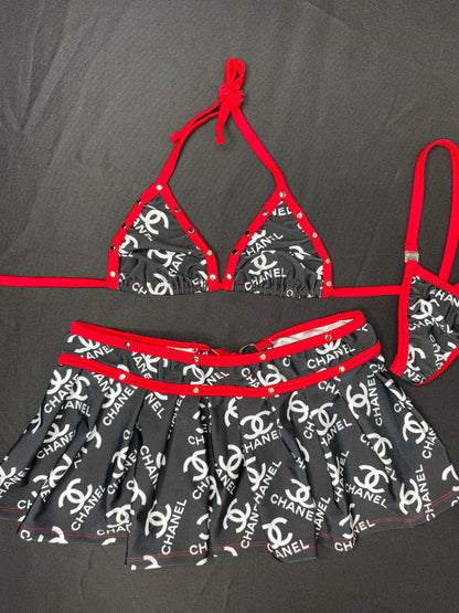 Red/Black Designer Spandex Two-Piece Bikini Top/Skirt Lingerie Outfit