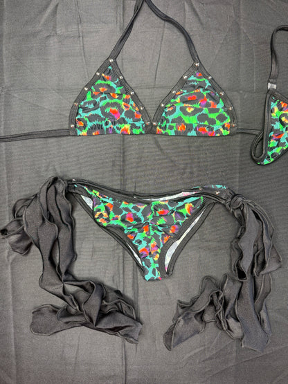 Green Cheetah Print/Black Spandex Two-Piece Bikini Lingerie Outfit
