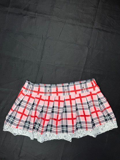 Light Pink/Red Spandex/White Lace Two-Piece Skirt with Tie School Girl Lingerie Outfit