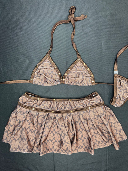 Designer Brown Spandex Two-Piece Skirt Lingerie Outfit