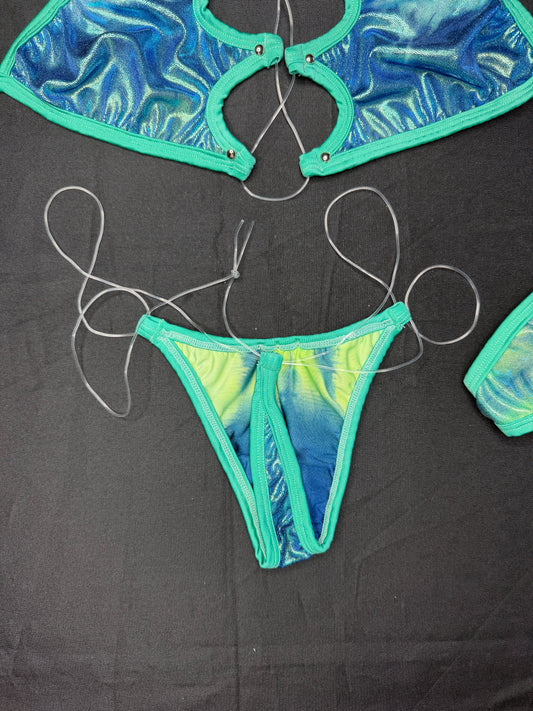 Cyan Blue/Metallic Blue Spandex One-Piece Lingerie Outfit