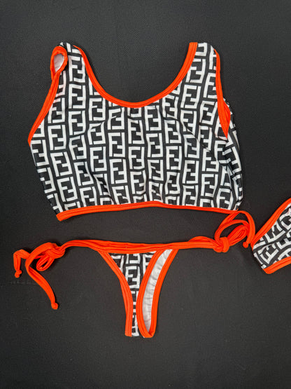 Orange/Black Spandex Sports Top/Side-Tie Bikini Bottoms Two-Piece Lingerie Outfit