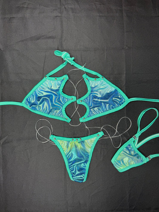 Cyan Blue/Metallic Blue Spandex One-Piece Lingerie Outfit