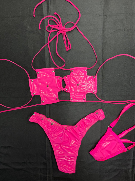 Hot Pink Vinyl Cross Bikini Cheeky Thong Two-Piece Lingerie Outfit