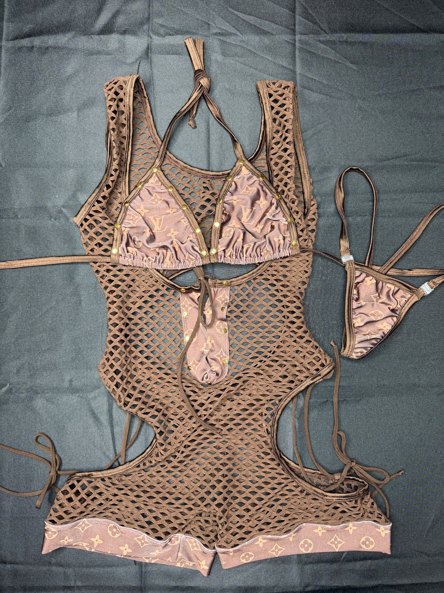 Brown Designer/Brown Fishnet Sleeveless Bikini Top Romper Lingerie Outfit