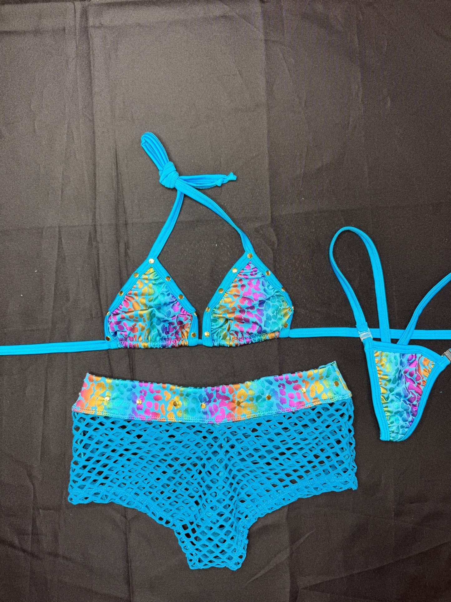 Turquoise/Animal Print Spandex Bikini Top/Shorts Two-Piece Lingerie Outfit