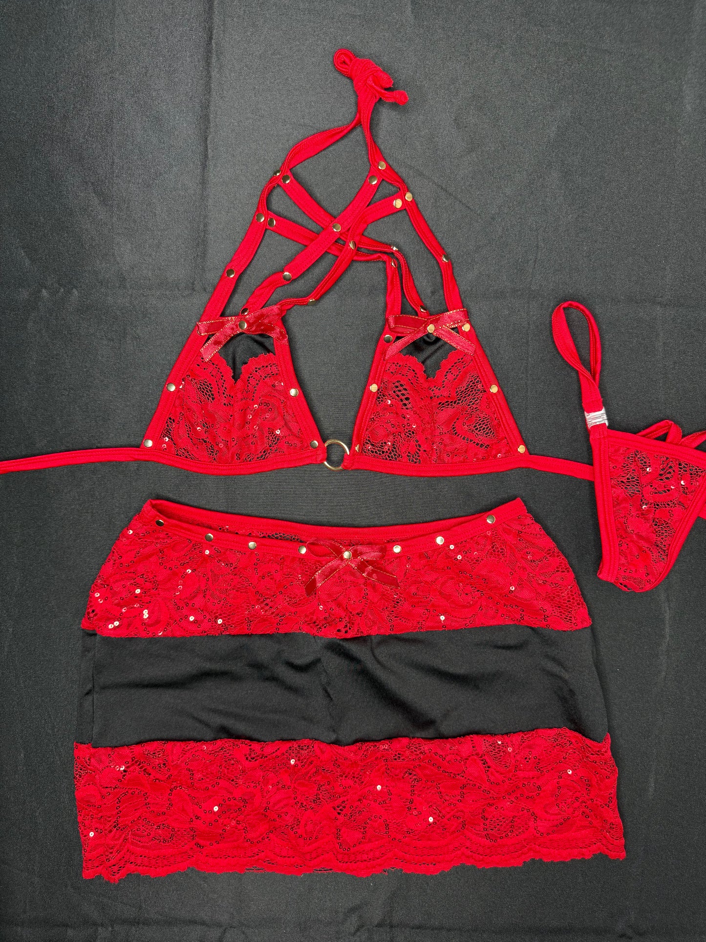 Red Lace Bikini Top/Skirt Two-Piece Lingerie Outfit