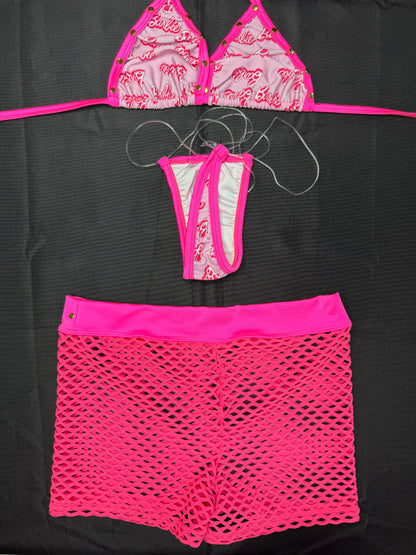 Designer Hot Pink/Baby Pink Spandex Three-Piece Lingerie Outfit