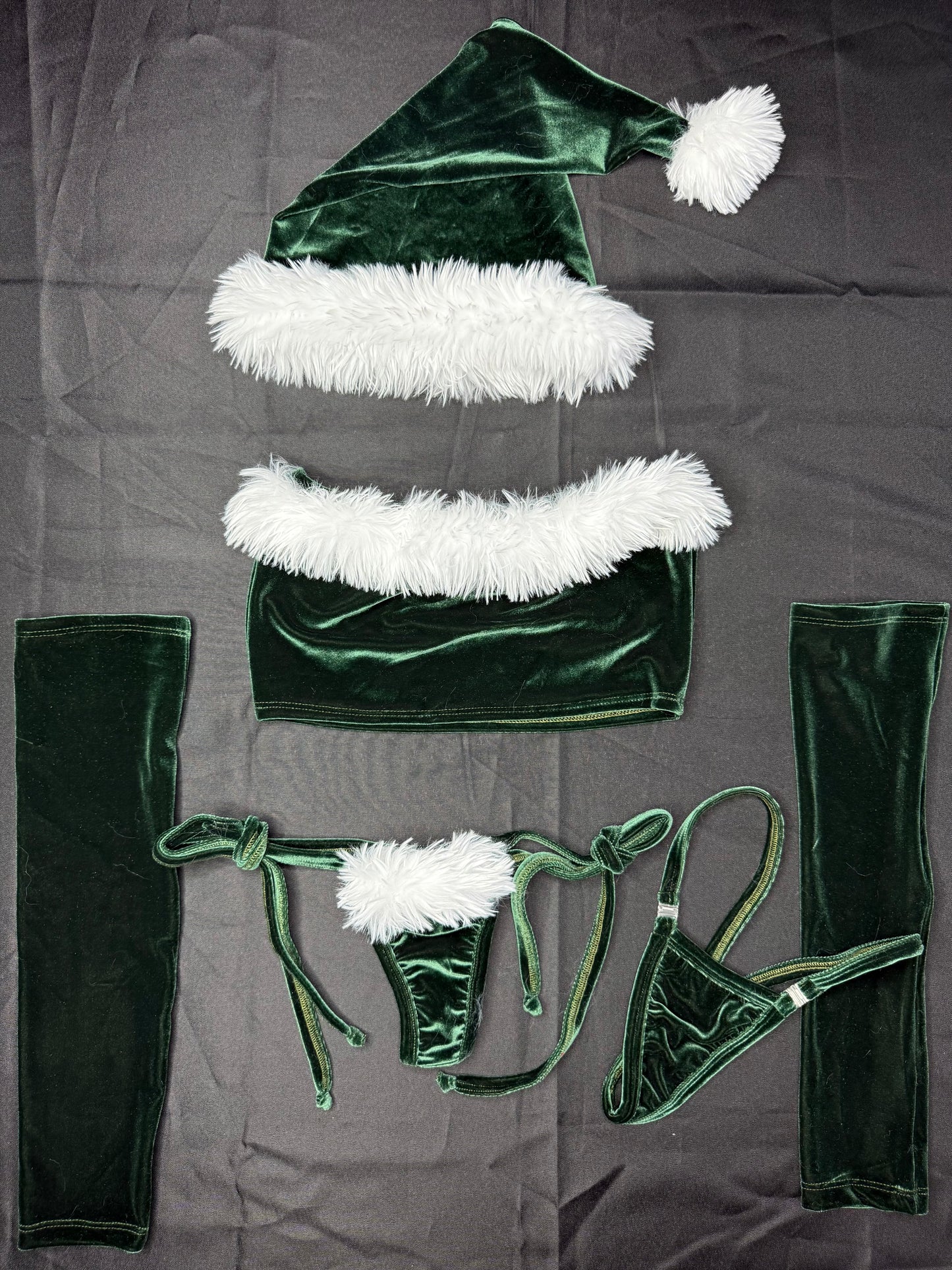 Green Velvet Three-Piece With Hat Christmas Lingerie Outfit