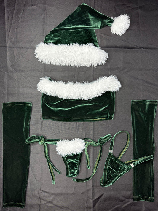 Green Velvet Three-Piece With Hat Christmas Lingerie Outfit