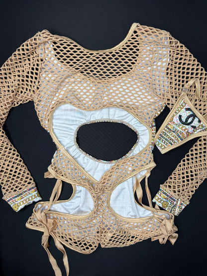 Beige Designer Spandex/Fishnet One-Piece Romper Lingerie Outfit