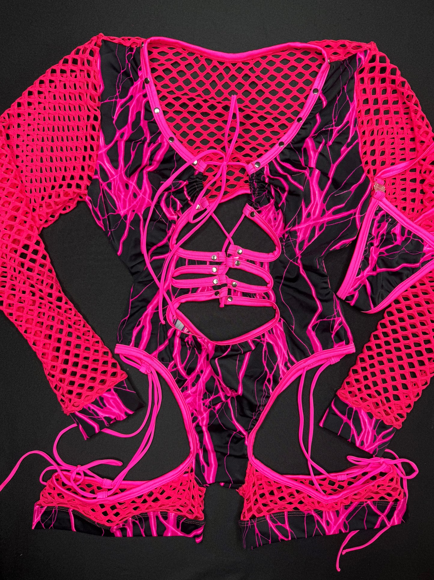 Hot Pink Thunder Print/Hot Pink Fishnet One-Piece Romper Lingerie Outfit