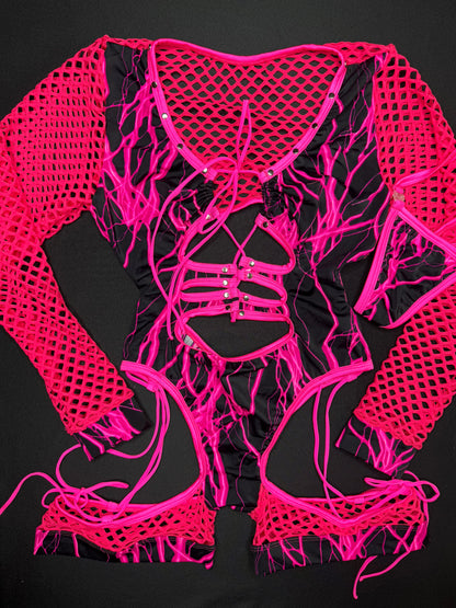 Hot Pink Thunder Print/Hot Pink Fishnet One-Piece Romper Lingerie Outfit