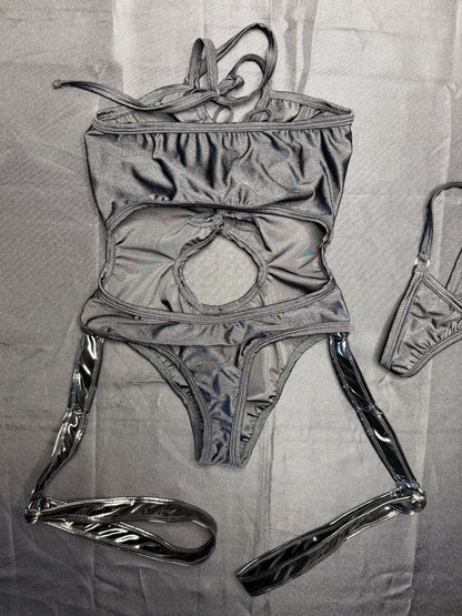 One-Piece Black Vinyl Dance Wear Outfit Sexy Stripper Lingerie
