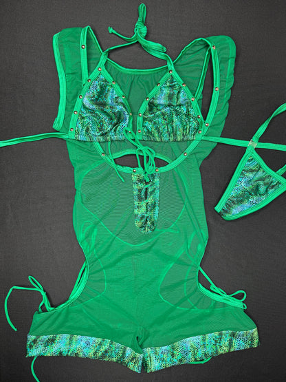 Metallic Animal Print/Green Mesh One-Piece Sleeveless Romper/Bikini Top Lingerie Outfit