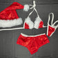 Red/White Spandex/Fur Three-Piece Bikini Top/Shorts With Hat Lingerie Outfit