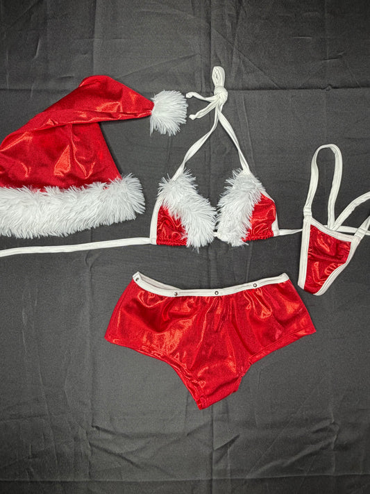 Red/White Spandex/Fur Three-Piece Bikini Top/Shorts With Hat Lingerie Outfit